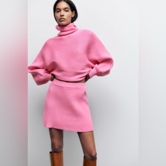 ZARA Bubblegum Pink Matching Crop Turtleneck Skirt Knit Set - Picture 2 of 10
